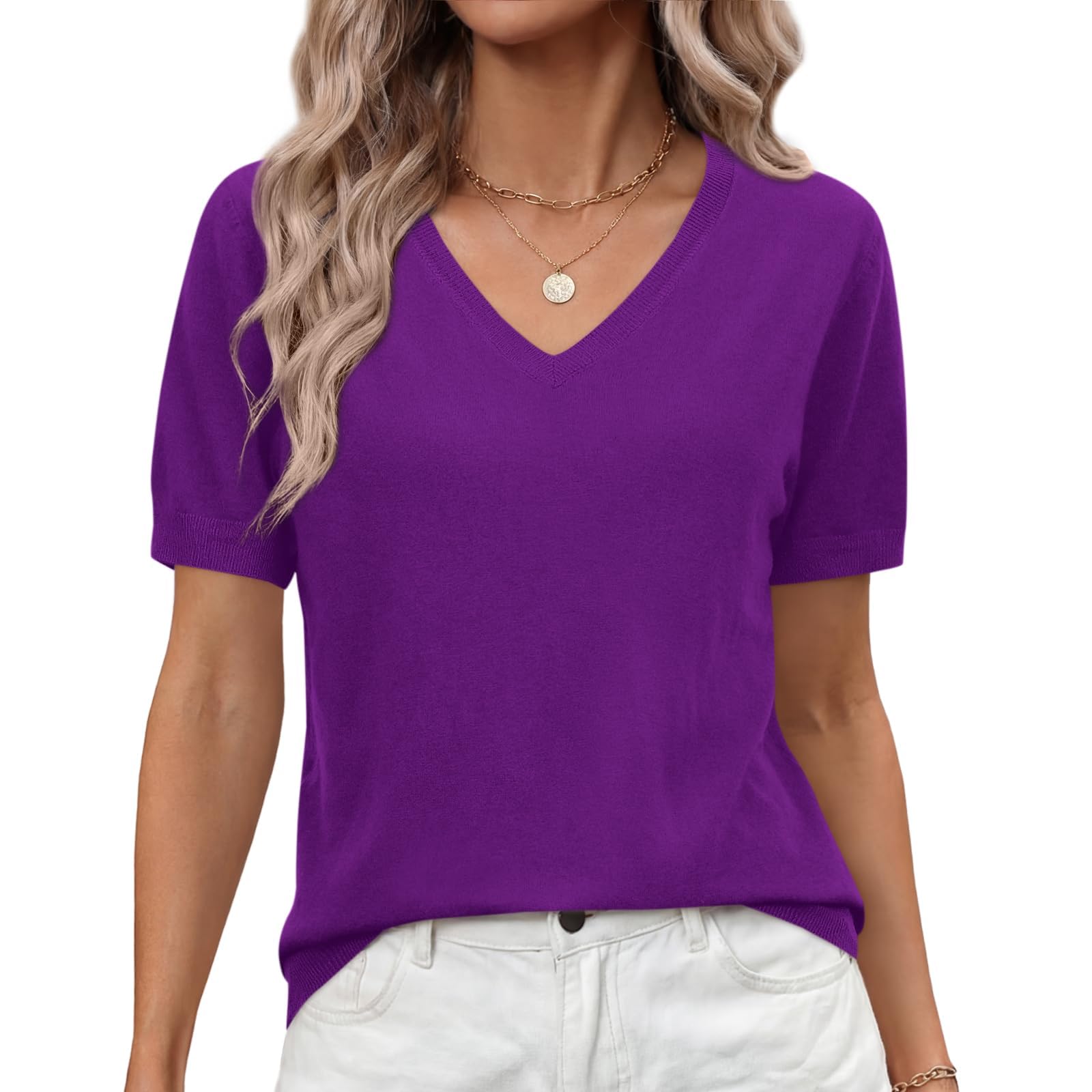 Elesomo Damen Sommer Strickpullover Kurzarm V-Ausschnitt lässige Gestrickte Tops