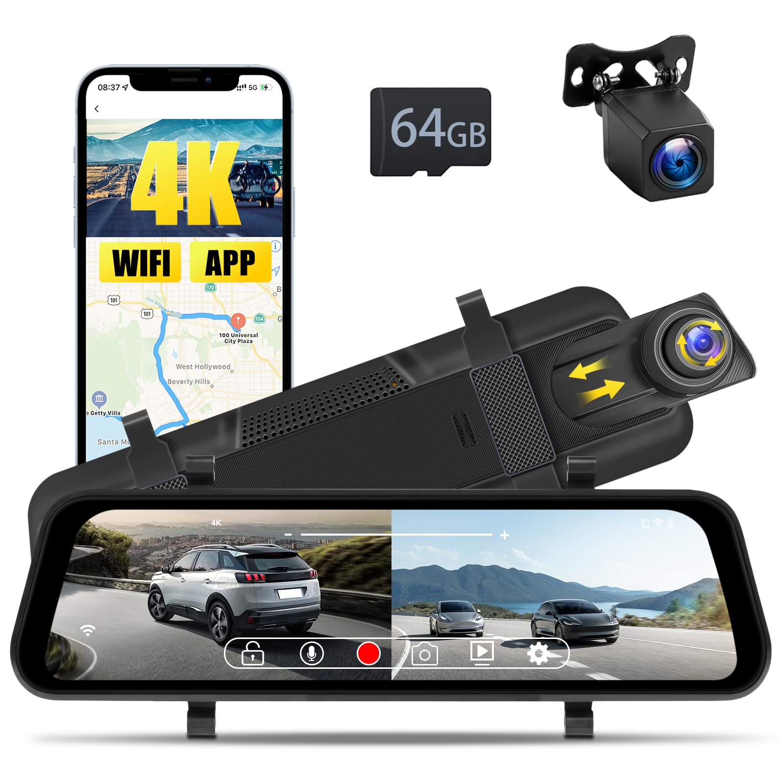 Inefala 9,66" Dashcam Espejo Retrovisor 4K+1080P WiFi con Tarjeta SD 64GB