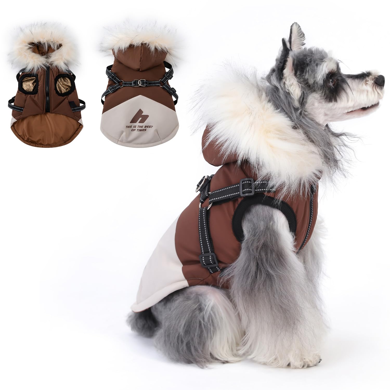 PINA Manteau d'hiver pour chiens de petite, moyenne et grande taille, veste d'hiver imperméable pour chien avec harnais intégré, manteau pour temps froid avec capuche en peluche, combinaison de neige
