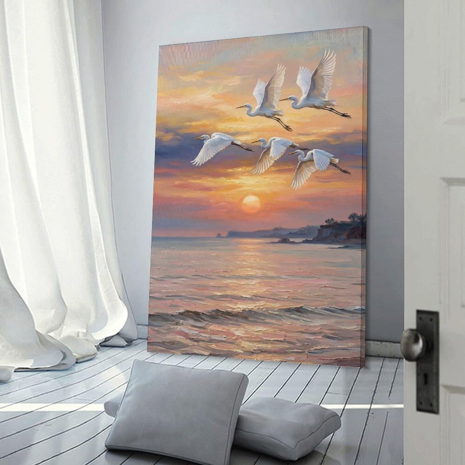 Junmoney Wall Picture Print Egrets Flying Over Ocean Sunset, 24x36inch(60x90cm), for Living Room, Bedroom Or Home Office, Home Decor Gift with Stylish Appeal