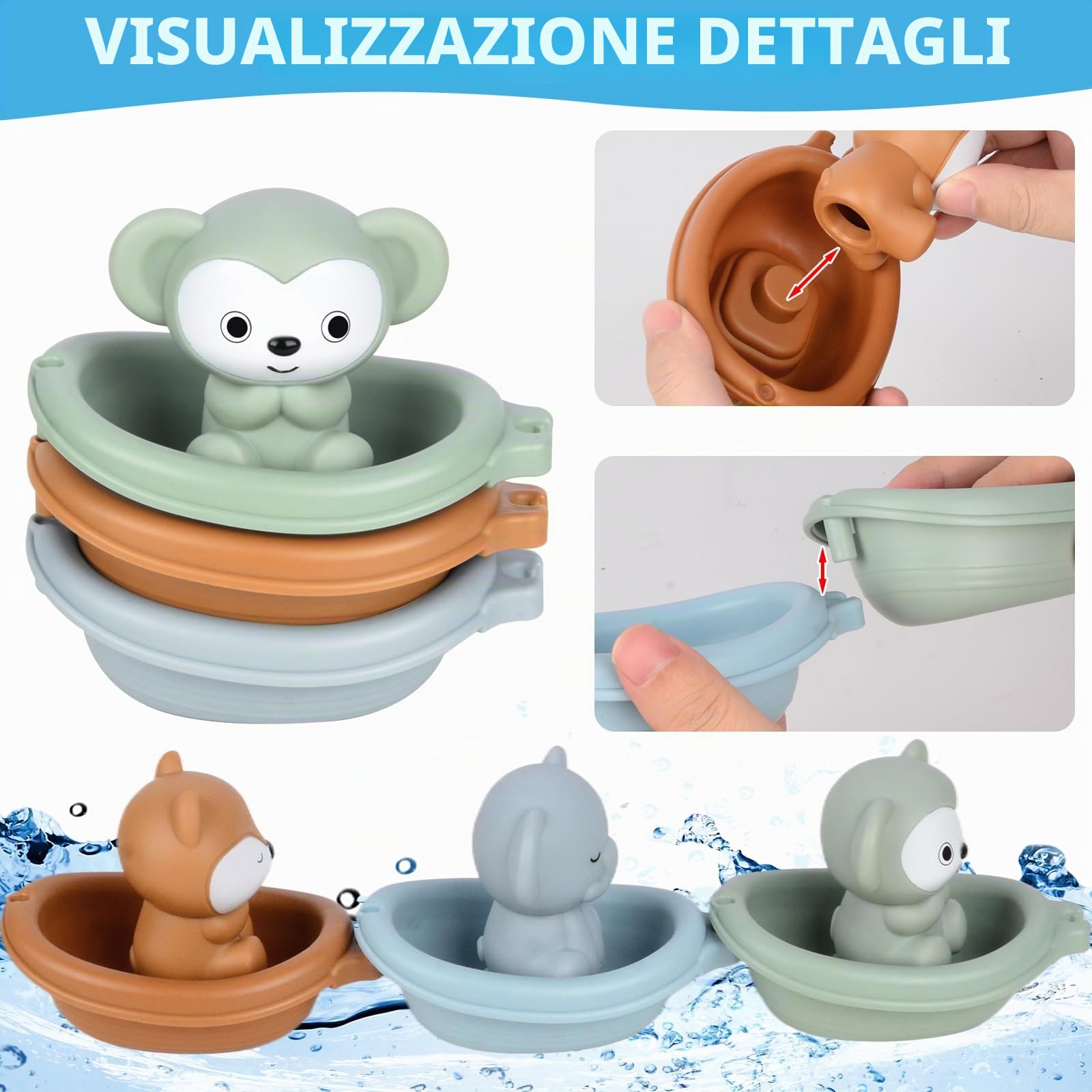 Giocattoli da Bagno Bambini, Giochi Bagnetto, Giocattoli Animali in Silicone con Barchette da Bagno Impilabili e Cucchiaio, Giochi Acqua Giocattolo Che Nuota Giochi Vasca da Bagno Bambini 1 2 3 4 Anni