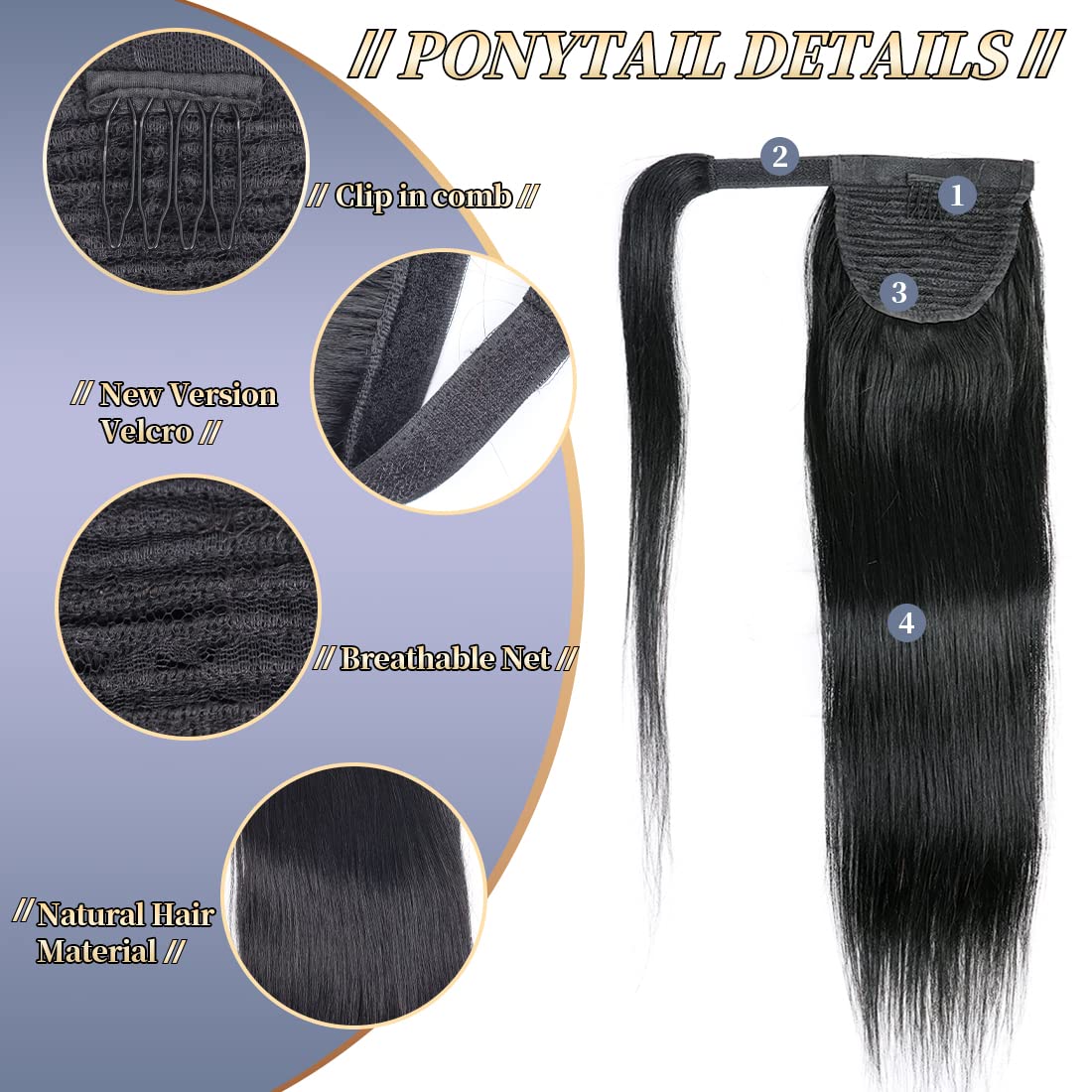 Datanala Straight Human Hair Ponytail Brazilian Virgin 100% Unprocessed Human Hair Long Inch Straight Magic Paste Ponytail natural Black color(22Inch - Image 3