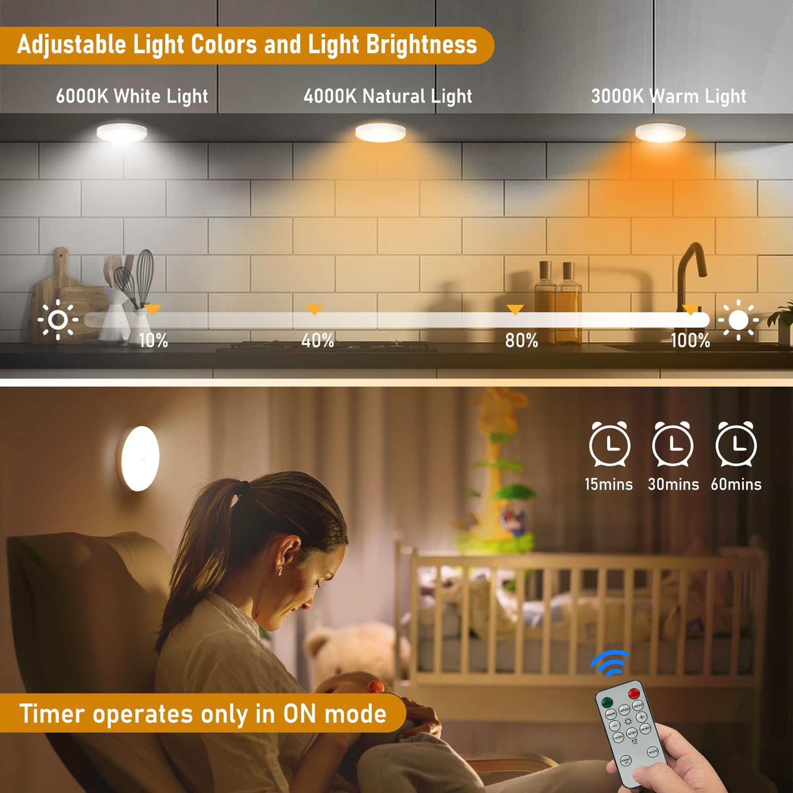 ALLTHWO Led Under Cabinet Lighting,1000mAh Rechargeable Puck Lights with Remote,3 Color Temps&Dimmable Motion Sensor Closet Lights Indoor,Under Counter Lights for Cupboard,Kitchen,Wardrobe,Stairs(6)