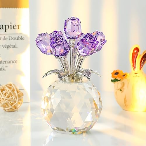 Miniatura 2 de Figura de cristal de flor de rosa morada con jarrón, adorno de ramo de flores, regalos para esposa, novia, mujeres, flor de cristal coleccionable
