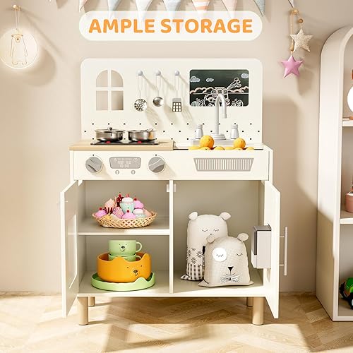 Miniatura 5 de MAMIZO Juego de cocina de madera para niños con luces y sonidos reales, cocina interactiva con sonidos de perilla, fregadero, dispensador de agua, 6