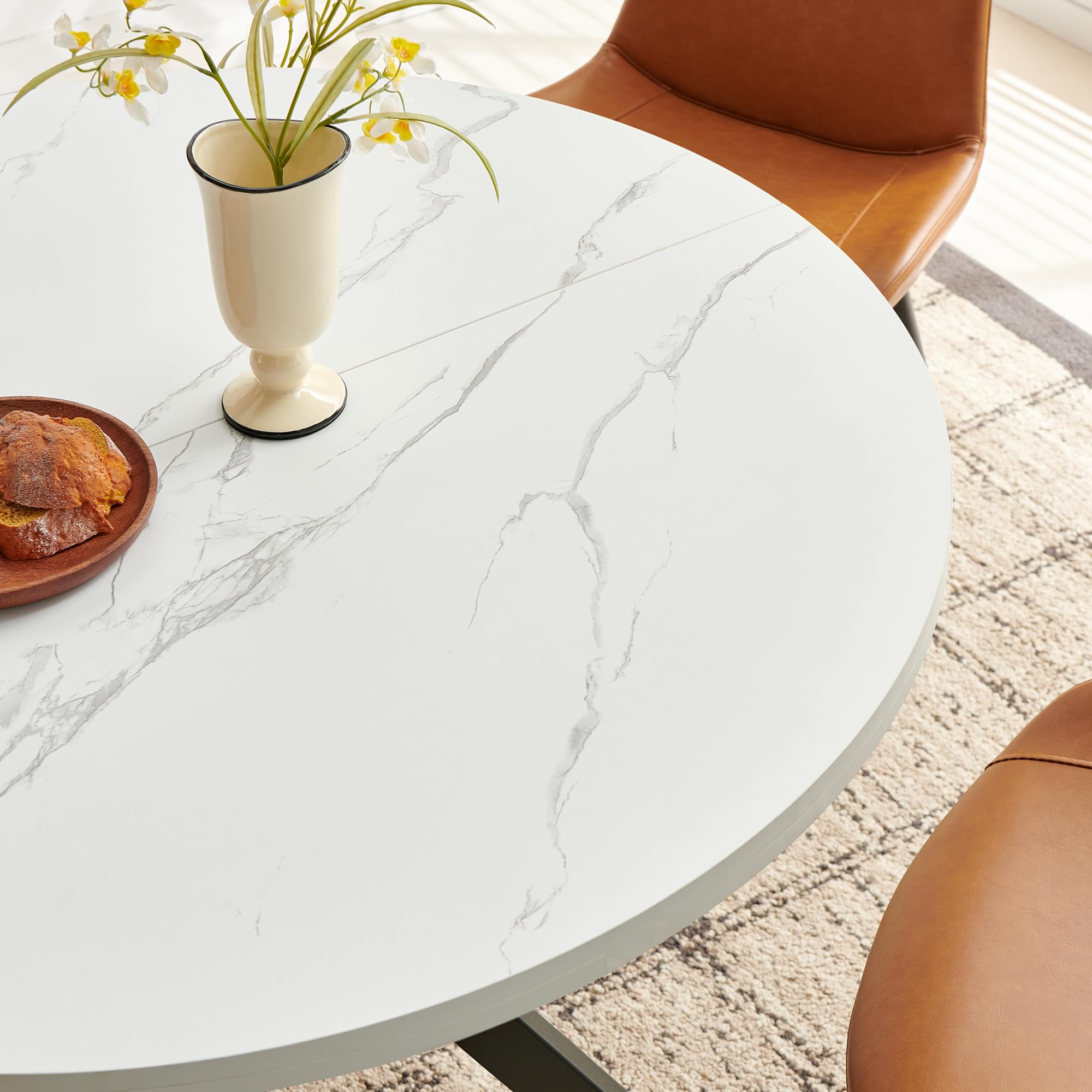 Table à Manger Ronde 100cm,Table de Cuisine en Bois Blanc Aspect Marbre,Salle à Manger,Cuisine,Ronde Bois,Plateau MDF Épaissi 3cm, pour 4-6 Personnes,100x100x75cm,Blanc