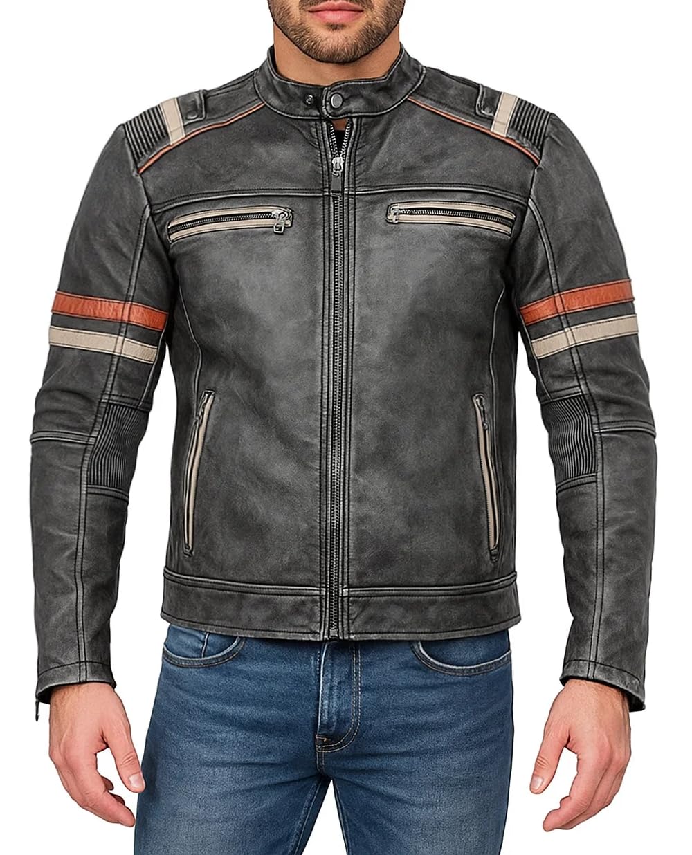 Men Premium Distressed Brown Padded Armored Cowhide Leather Coat