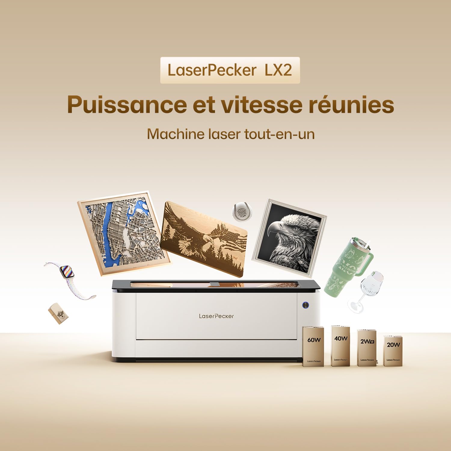 LaserPecker LX2 Découpeuse Graveuse Laser 40W, Surface de Travail 50x30cm de Haute Vitesse 1000mm/s, Caméra 12MP pour Métal, Bois, Acrylique & Surfaces Courbes pour Bricolage, PME et Personnalisation