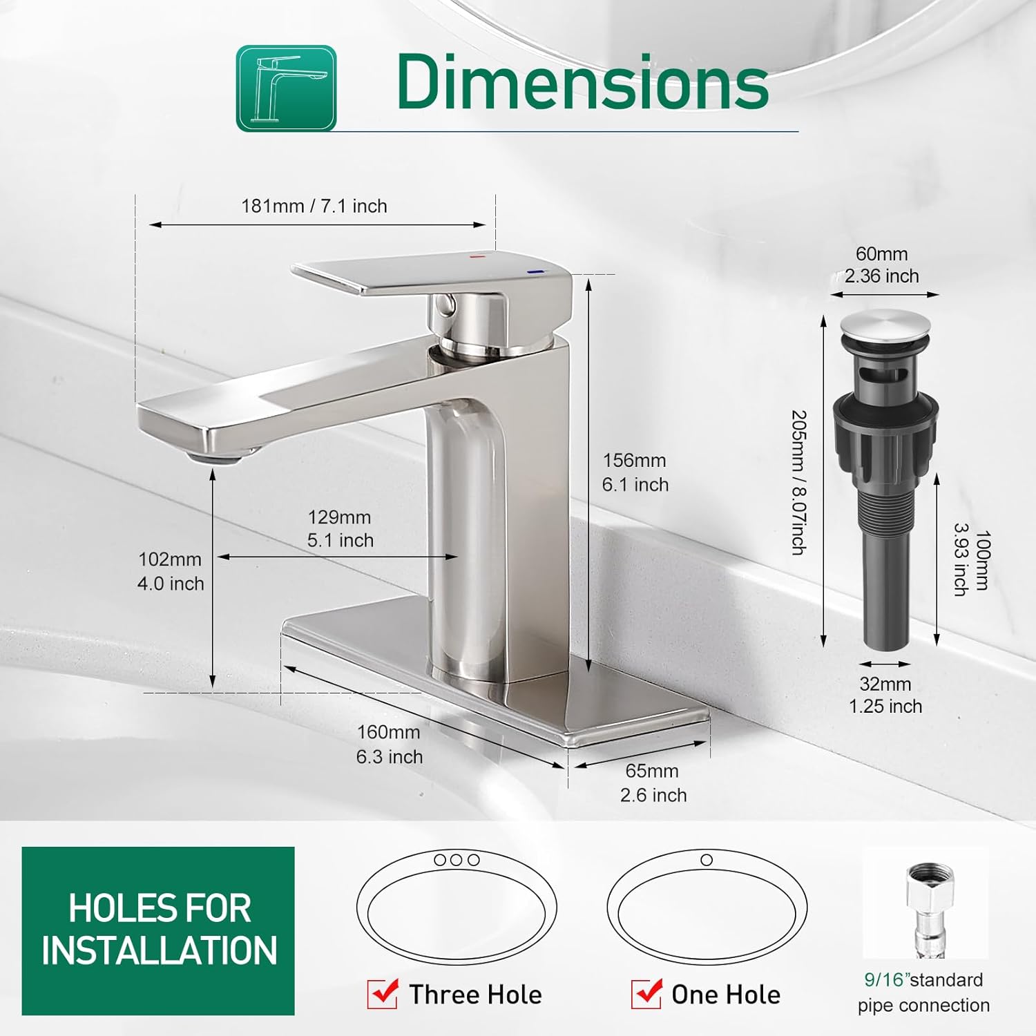 Brushed Nickel Single Handle Bathroom Faucet with Pop-Up Drain