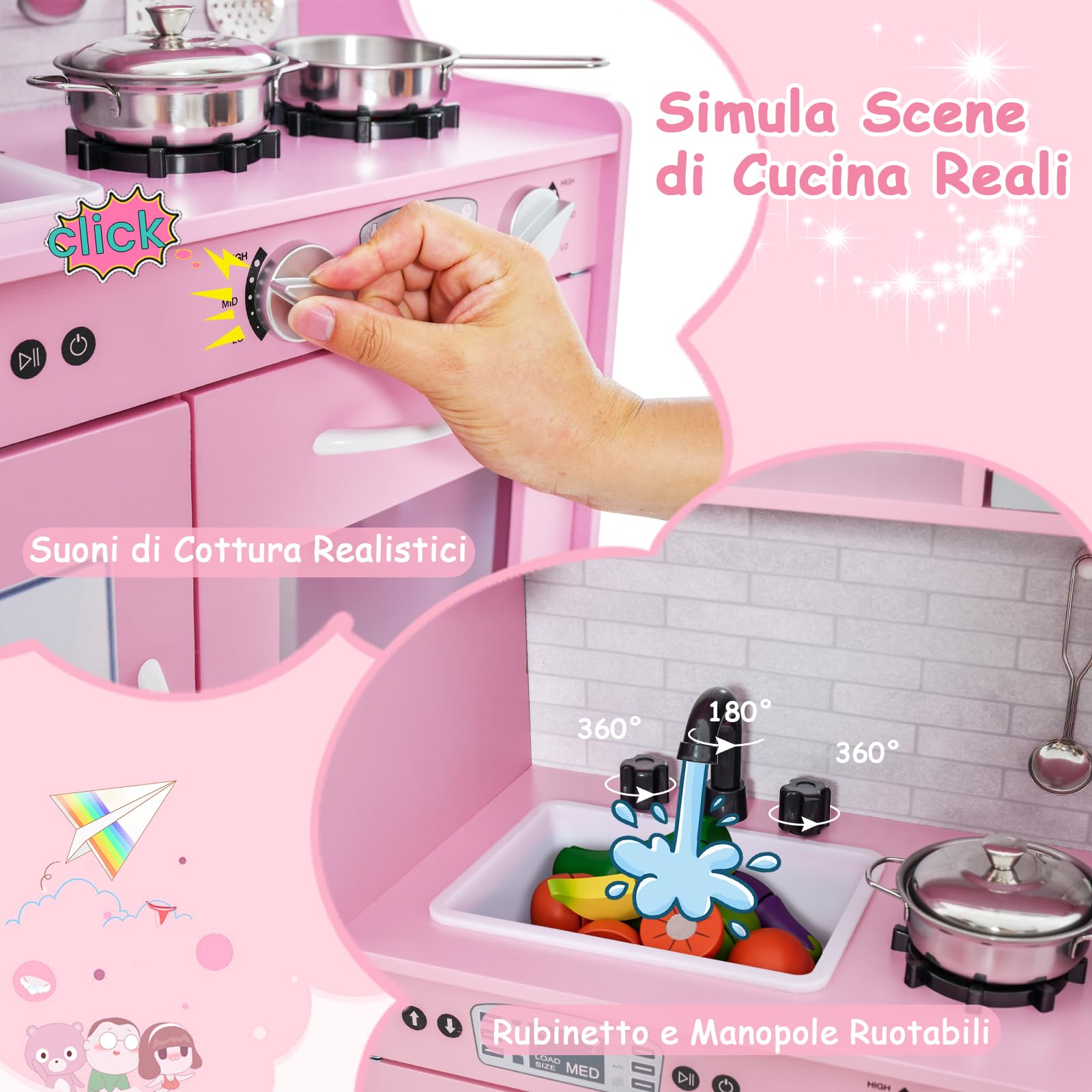 GYMAX Cucina Giocattolo per Bambini, Cucina Gioco in Legno Bambina con Lavagna, Forno, Vaschetta per l'Acqua e Fabbricatore di Ghiaccio, con Effetti Sonori per Bambini 3 Anni + (Rosa)