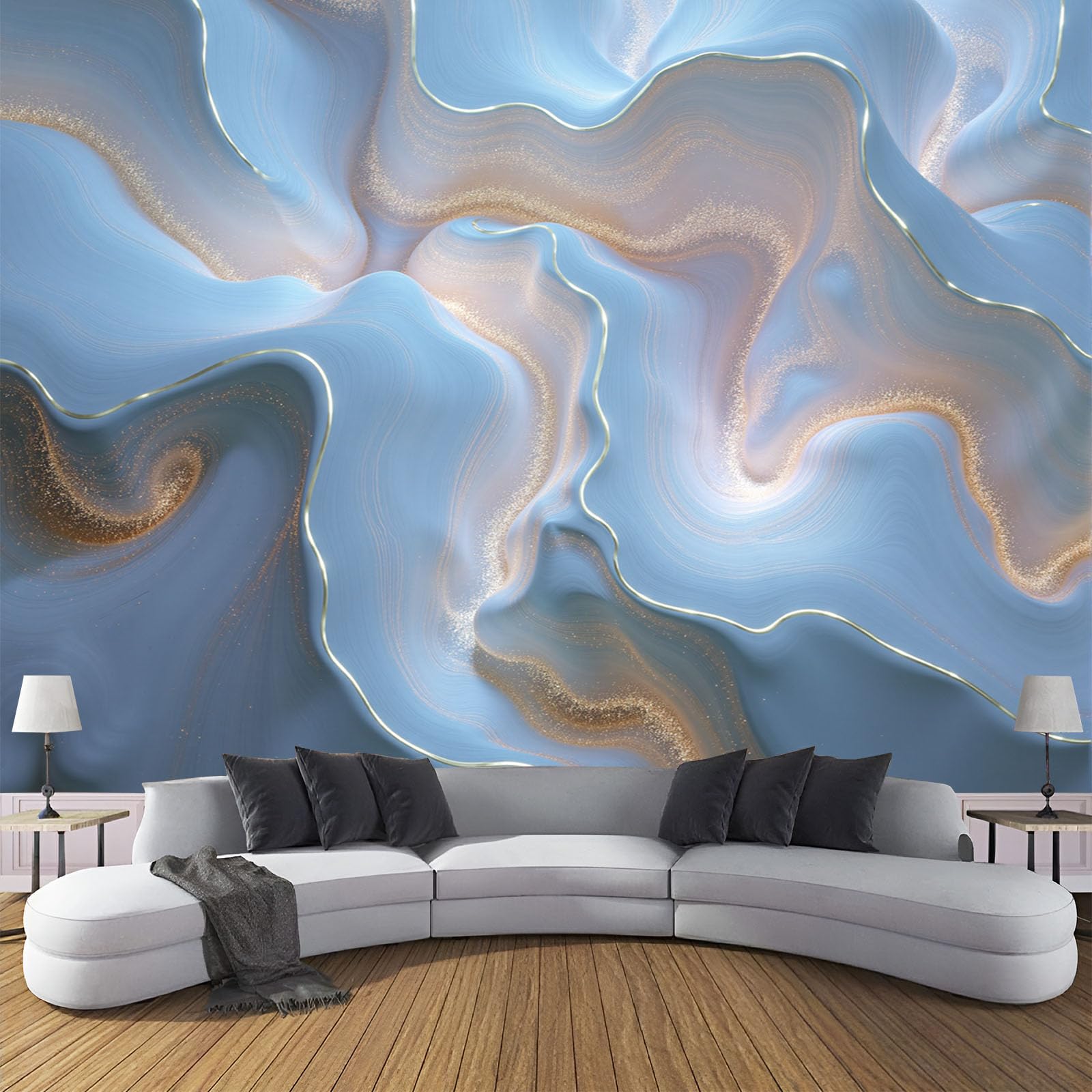 Poster mural panoramique salon effet 3D beige argenté 300x210