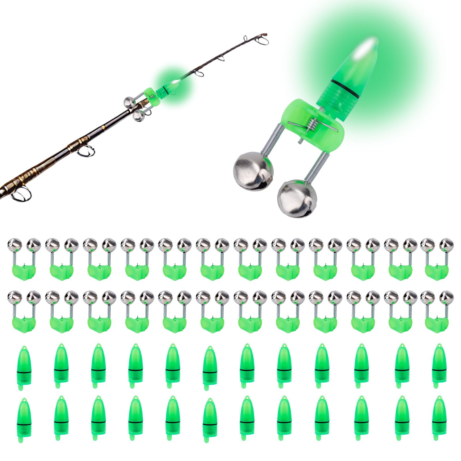 Juego de 25 Cascabeles de Pesca con Luces LED, Cascabeles Clip Caña Doble Alarma Súper Fuerte para Pesca Nocturna/Hielo/Bagre