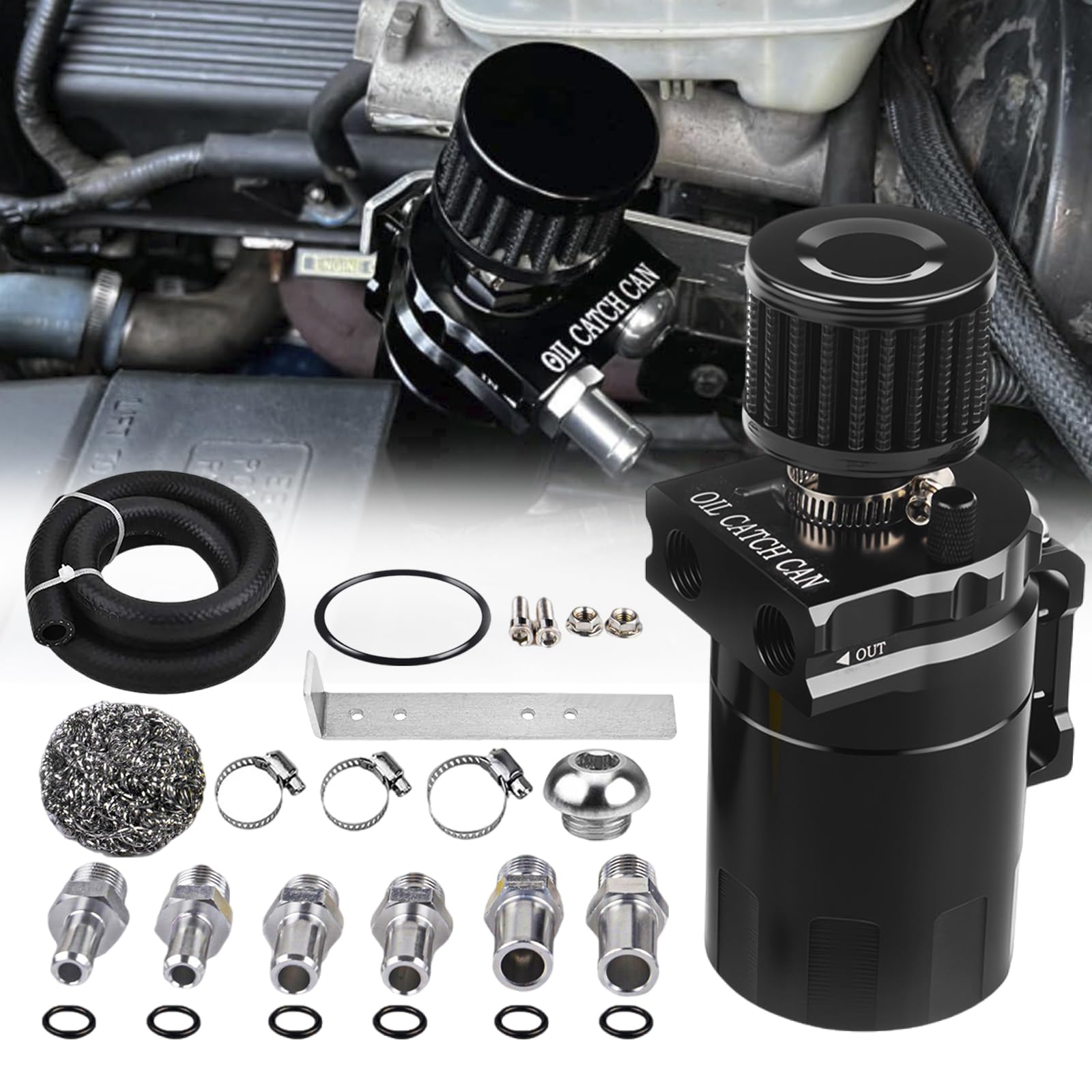 Universal 300ml Aluminum Baffled Oil Separator Catch Can Kit with Installation Bracket and Thickening Tube Black
