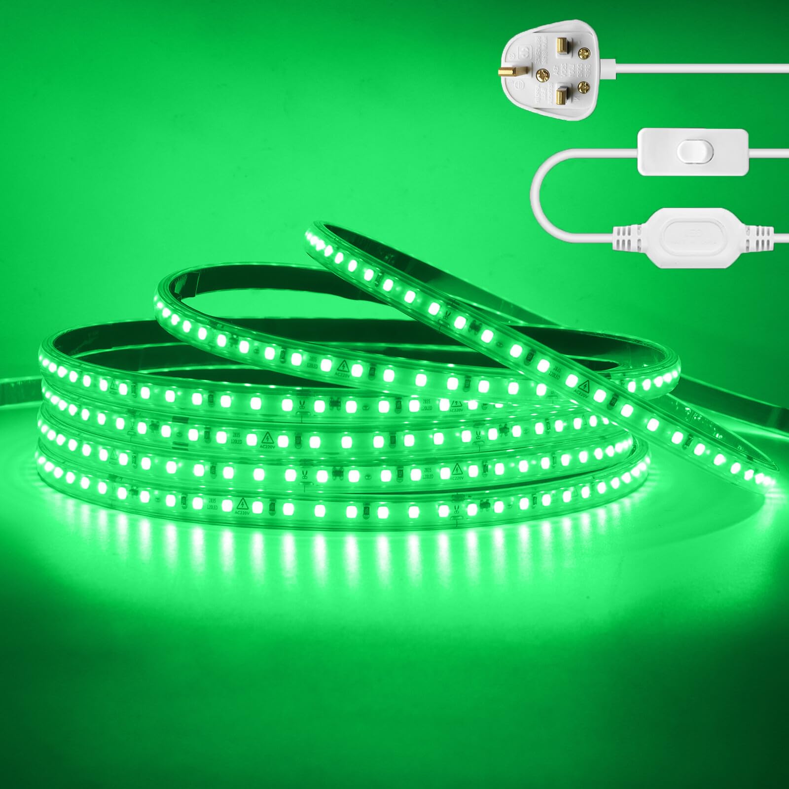 KAFULA 220V LED Strip Light with On/Off [19M,Green],IP65 Waterproof Flexible SMD2835 LED Fairy Lights CRI85+,Every 10cm can be Cut,Bedroom Kitchen Corridor Decoration