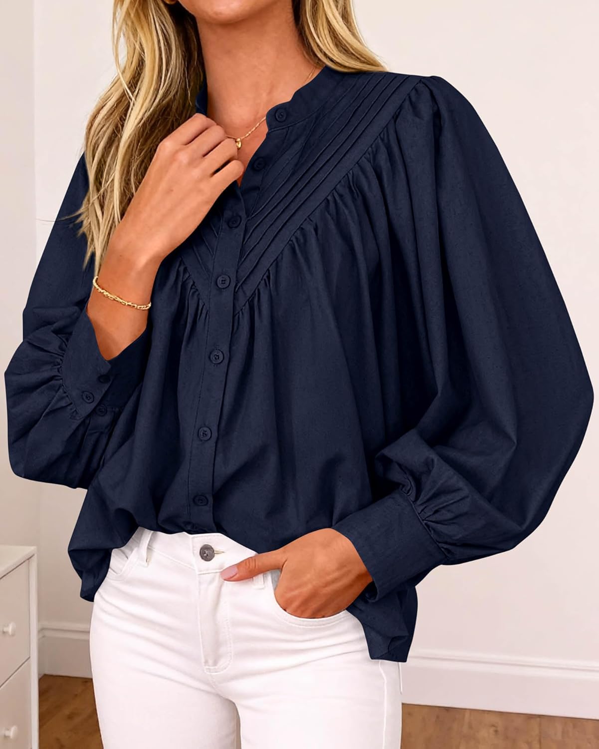 KIRUNDO Blouses for Women Dressy Casual Fashion Clothing Long Sleeve Shirts Loose Fit Button Down Pleated Boho Going Out Tops - Image 3