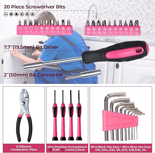Miniatura 5 de Kit de herramientas básicas de 39 piezas para mujeres, herramientas rosadas multiusos para el hogar, herramientas manuales para el hogar con caja de