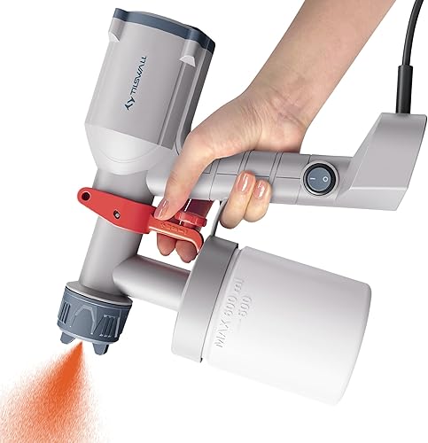 Miniatura 9 de Tilswall Pulverizador de pintura, pistola eléctrica ultraligera HVLP con 2 boquillas y 3 patrones, fácil de limpiar para vallas, cobertizos,