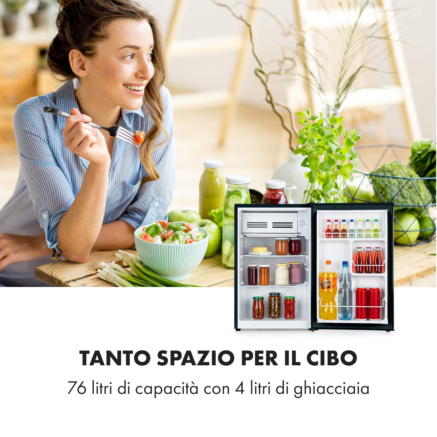 KLARSTEIN Delaware - Frigorifero, 76 Litri, Classe di Efficienza Energetica E, 2 Ripiani in Vetro Flessibile, Vano Congelatore/Freezer: 4 Litri, Vano Bottiglie Fino a 2 Litri, Nero