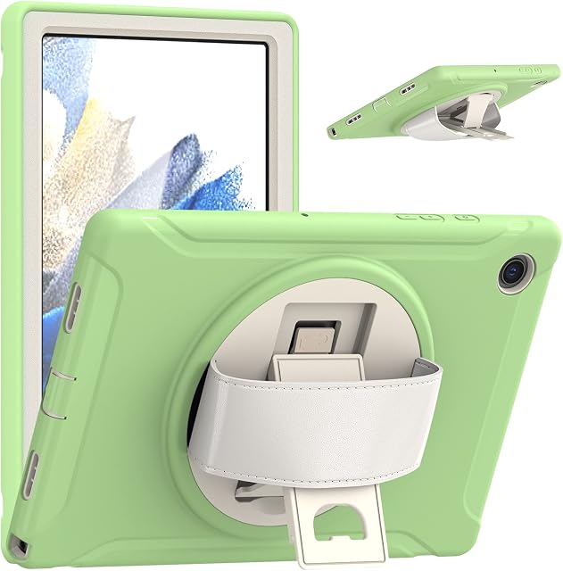 Junfire Samsung Galaxy Tab A8 Case 10.5 Inch, Galaxy A8 Tablet Case 2021, Rugged Kids Shockproof Cover with Screen Protector Rotating Kickstand & Hand Strap for SM-X200/X205/X207, Emerald Green