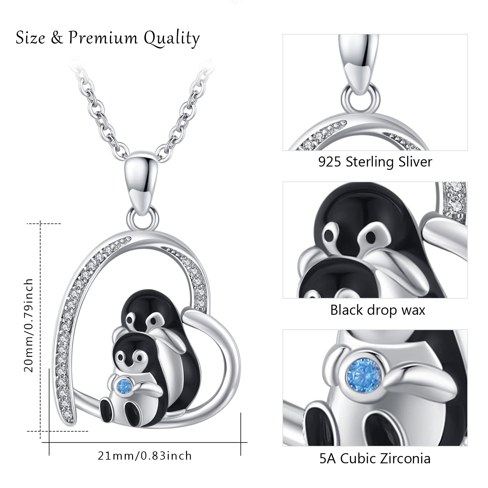 REDSUN Collar de pingüino de plata de ley 925 con colgante de corazón de animales, cadena de pingüino, regalos para mujeres con circonita, día de la madre, regalo para madre e hija