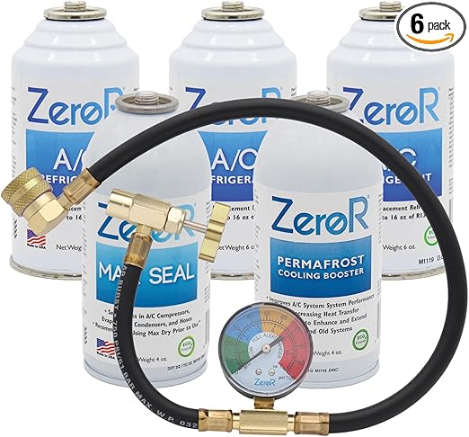 ZeroR® Premium Repair & Recharge Kit for R134a Refrigerant Systems | Max Seal, Permafrost, R134a Replacement | 24" HD Can Tap Gauge
