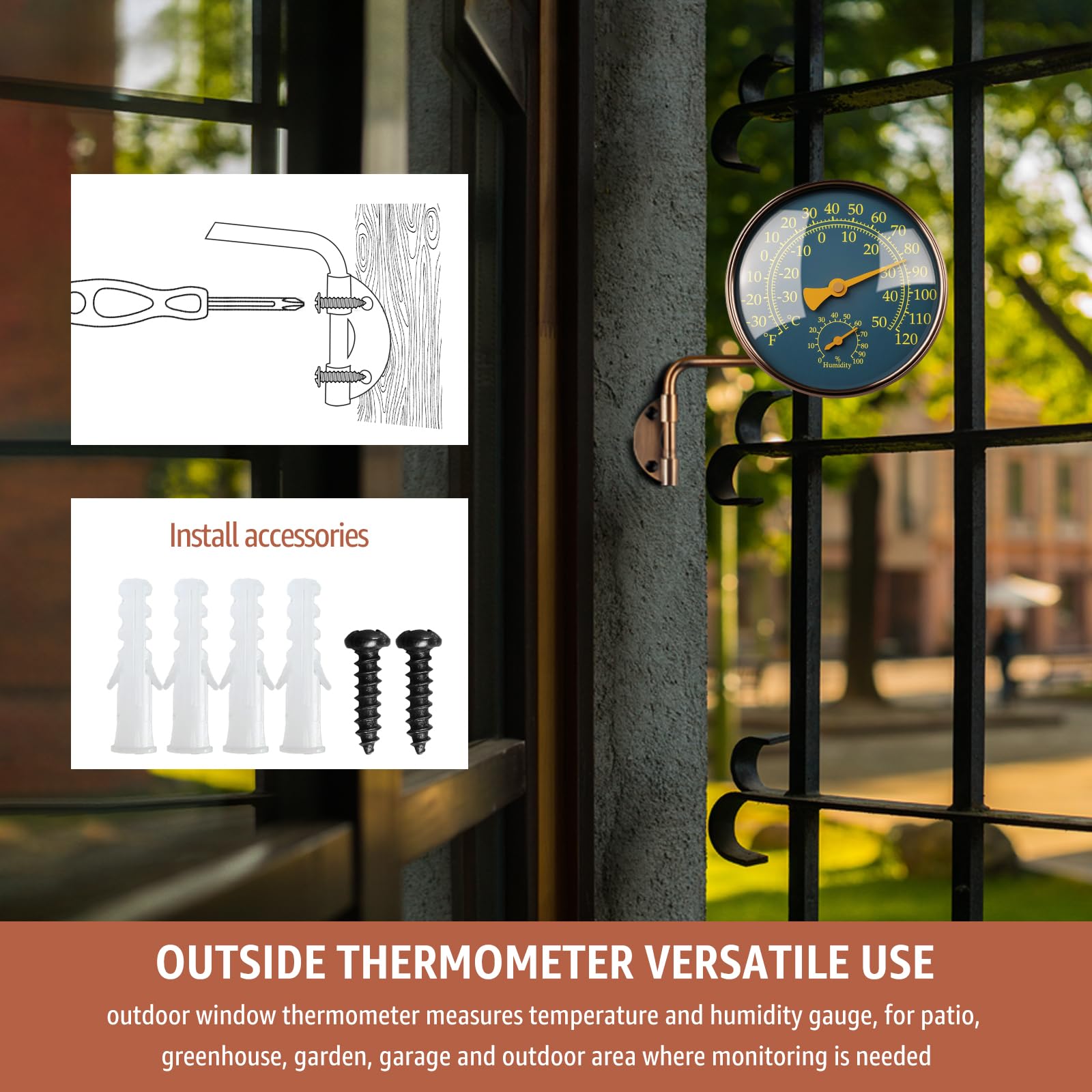 Termómetro de latón para exteriores de 4 pulgadas, medidor de temperatura analógico para patio, invernadero y garaje