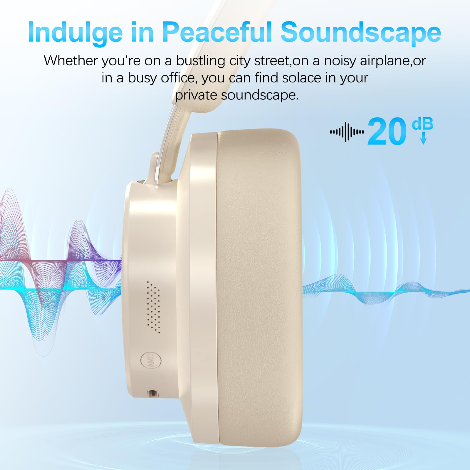 Noise Cancelling Headphones Wireless Bluetooth, Over Ear Headphones Bluetooth with Microphone, Cancelling Wireless Headphone Over Ear, 65h Playtime, Clear Calls, Comfort Fit For Travel (Beige) — view 3