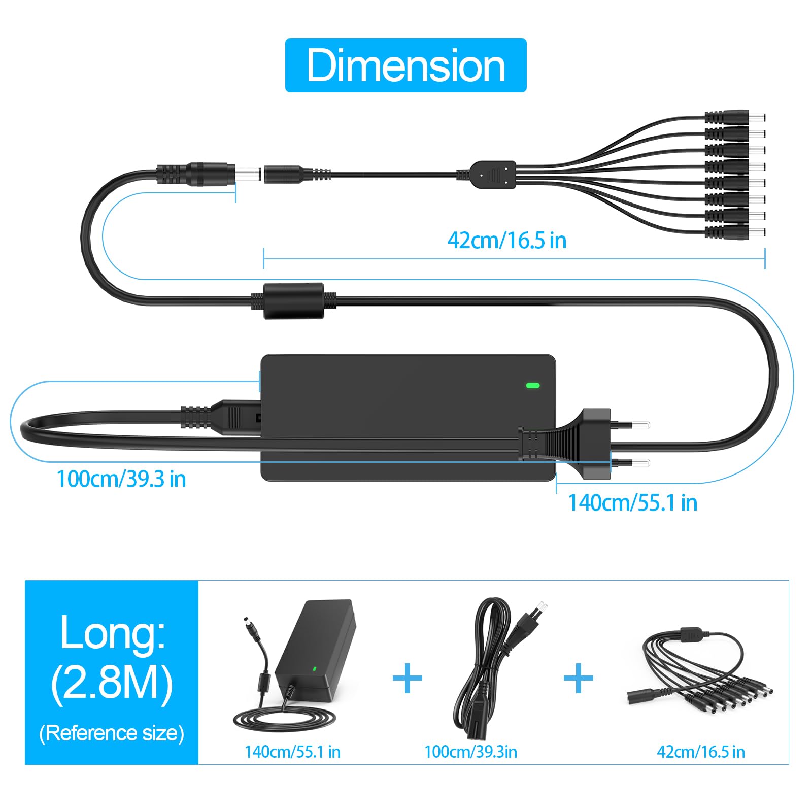 Fuente de alimentación CCTV 12V 5A 12V 5A para cámara de seguridad con cable divisor de alimentación de 8 vías, compatible con cámaras Lorex, Samsung, Q-See, Night Owl, Swann, Annke IP y