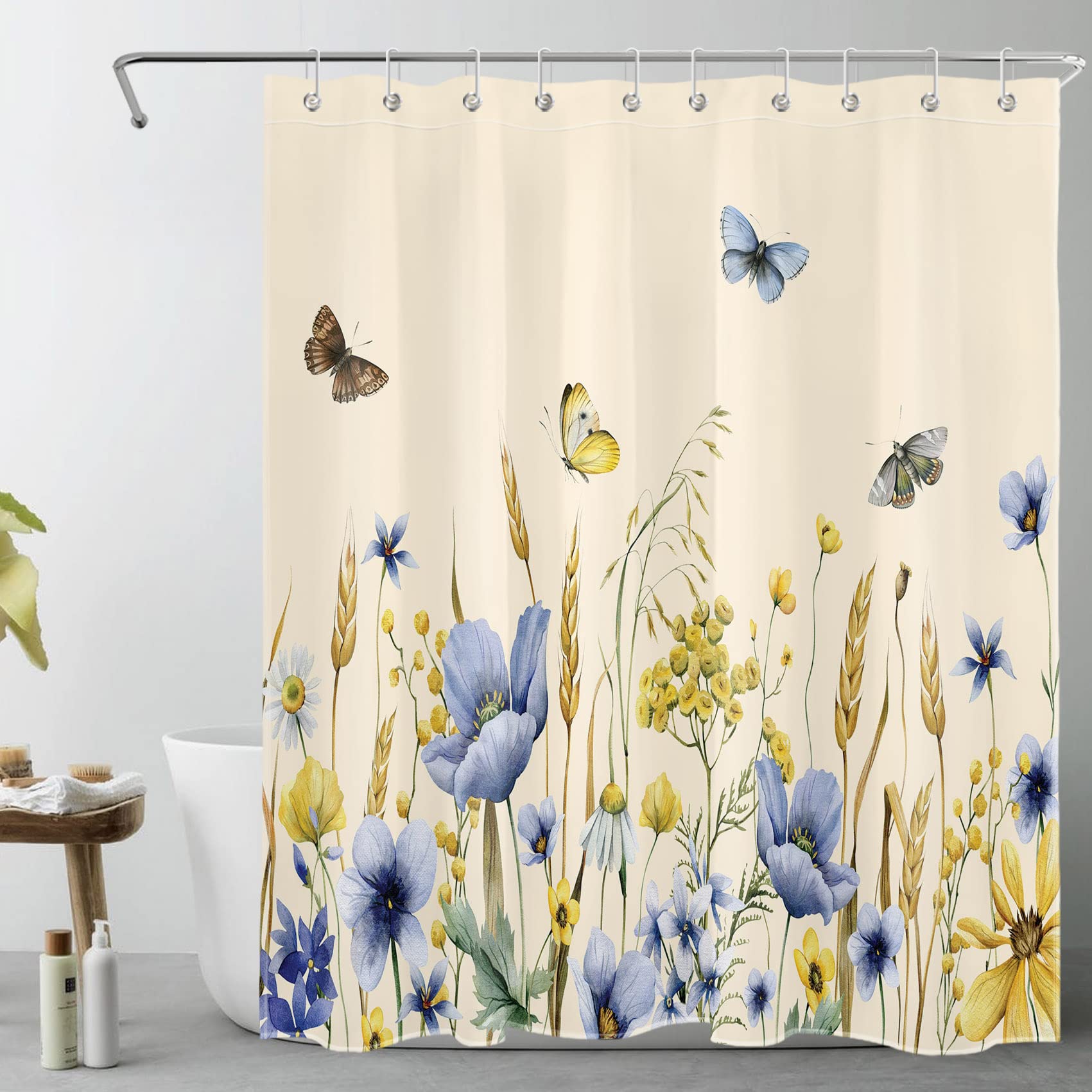 WEENEO Butterfly and Floral Shower Curtain Blue and Yellow Flower Nature Plant on Beige Shower Curtain Set for Bathroom Rustic Vintage Fabric Bath