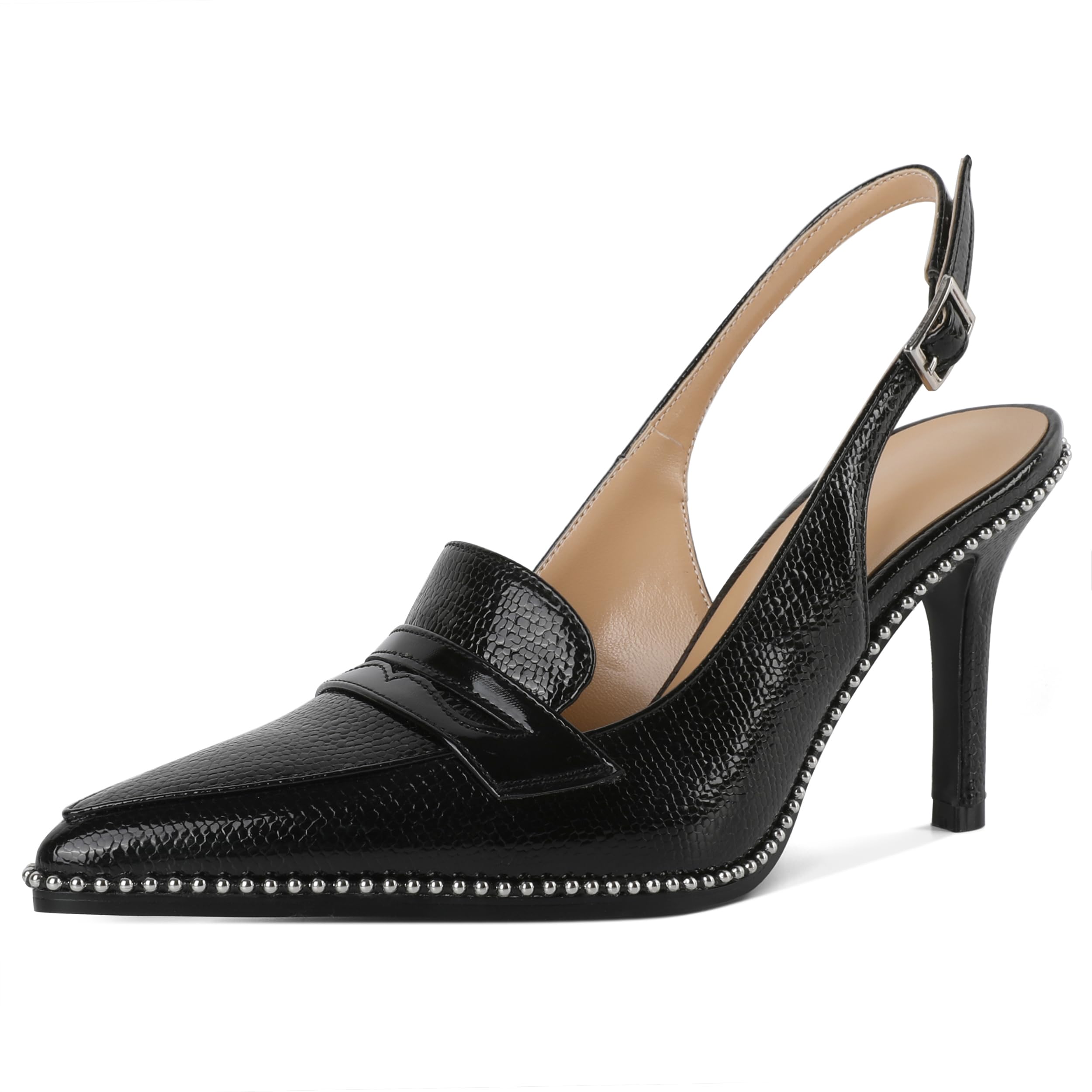 SAMMITOP Womens Slingback High Heel Pumps 3.5" Stiletto Pointed Toe Beaded Pumps Slip On Loafers Heels Elegant Dress Shoes