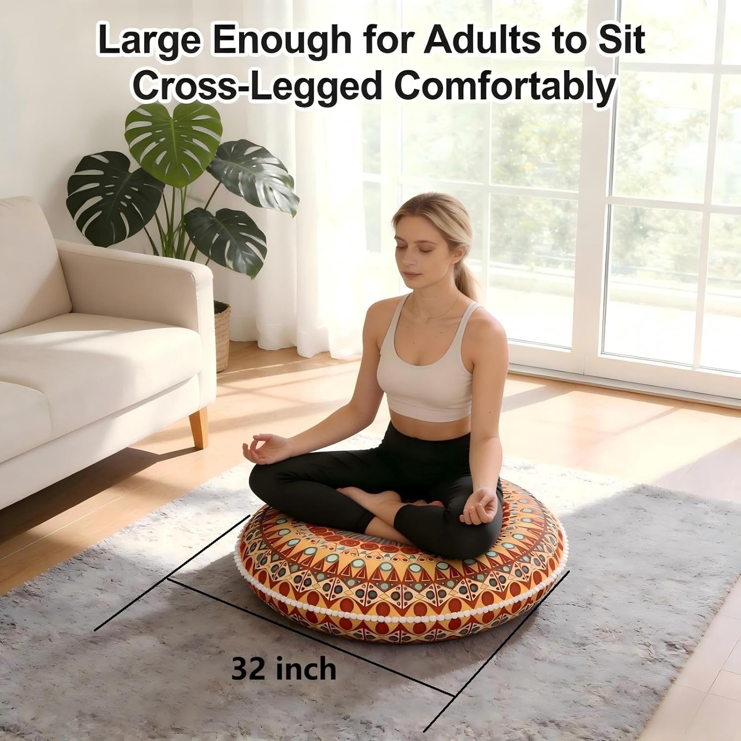LOVMOC 32 Inch Round Floor Pillow for Adults, Large Thick Memory Foam Boho Mandala Meditation Floor Seating Cushion, Machine Washable for Living Room Outdoor Yoga Floor Sitting, Orange