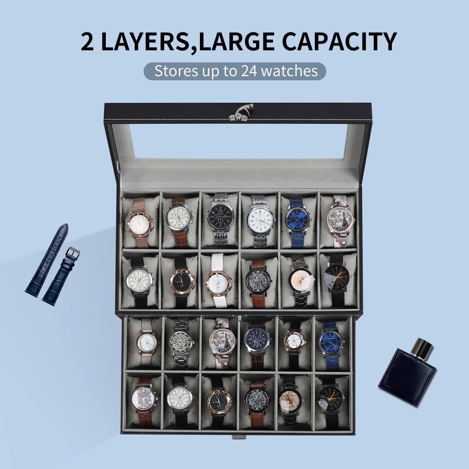 AUTOARK MKAW037 MKAW037 - Scatola per 24 orologi in pelle e velluto, con parte superiore in vetro, con chiusura a chiave, per riporre i gioielli, con cuscini rimovibili grigi