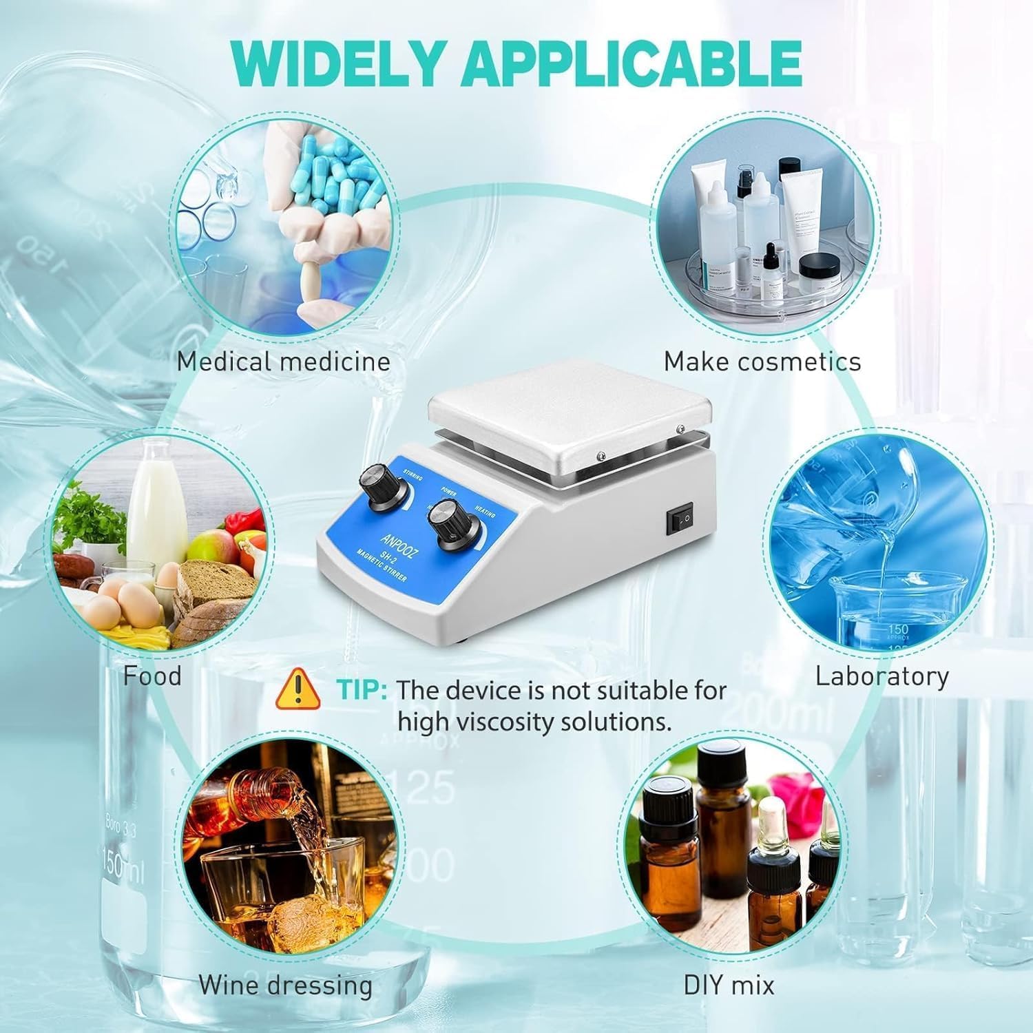 Agitatore magnetico con piastra riscaldante, potenza di riscaldamento regolabile e velocità di agitazione, asta di miscelazione e retriever inclusi, blu