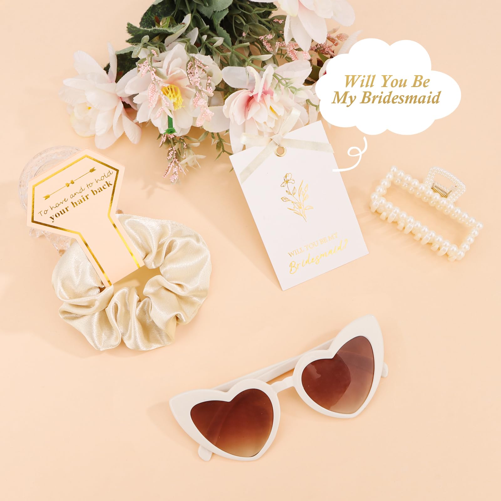 Bridesmaid Proposal Gift Set, 4PCS Satin Scrunchie, Pearl Hair Clip, Heart Shaped Sunglasses & Will You Be My Bridesmaid Card, Bridesmaids Gifts for Wedding Day and Bridal Shower (Champagne Gold)