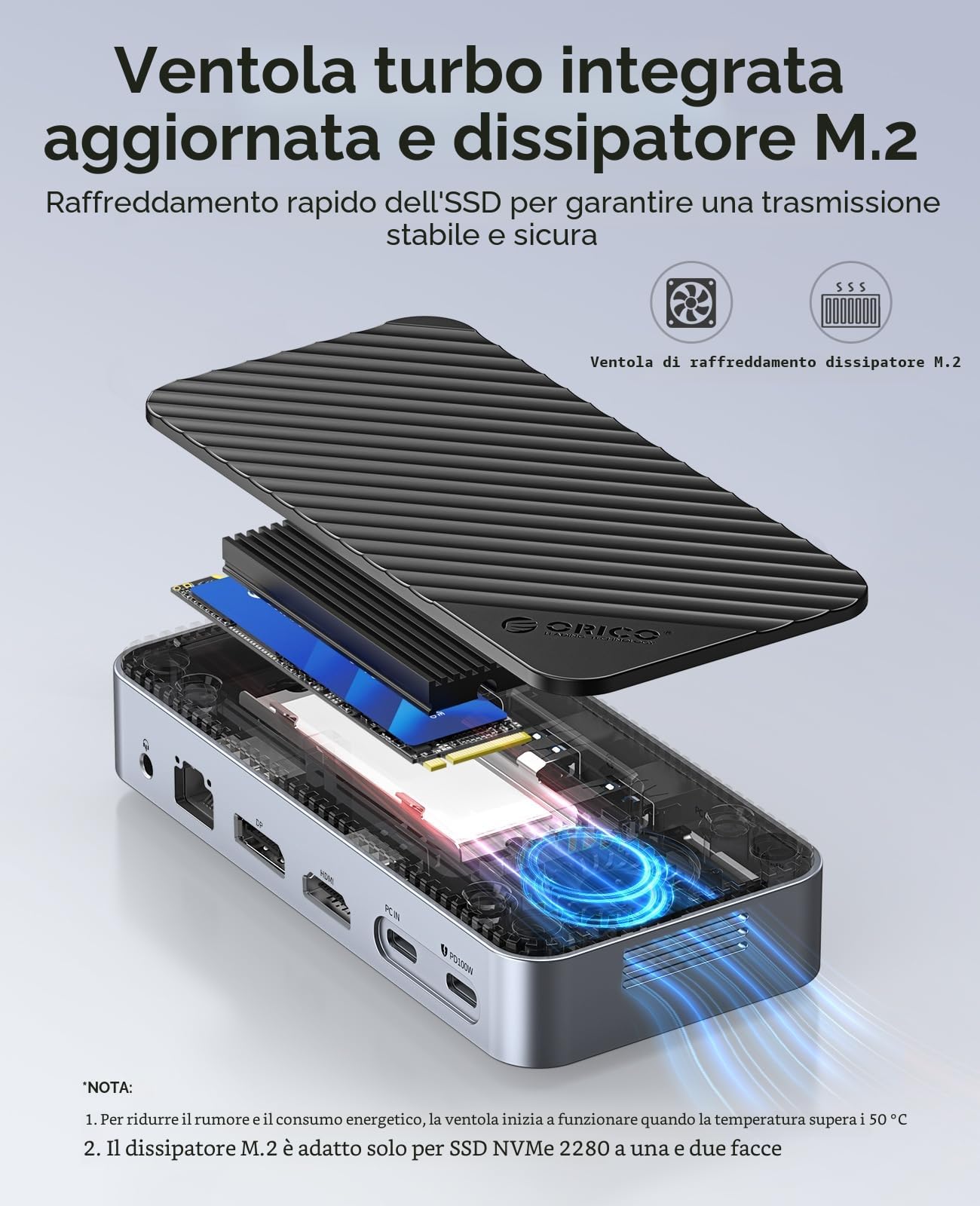 ORICO Hub C 11 in 1 con alloggiamento SSD M.2, docking station con ventilatore, HDMI, DP, Gigabit Ethernet, PD, SD/TF, audio/microfono, 10 Gbps e 2x5 Gbps