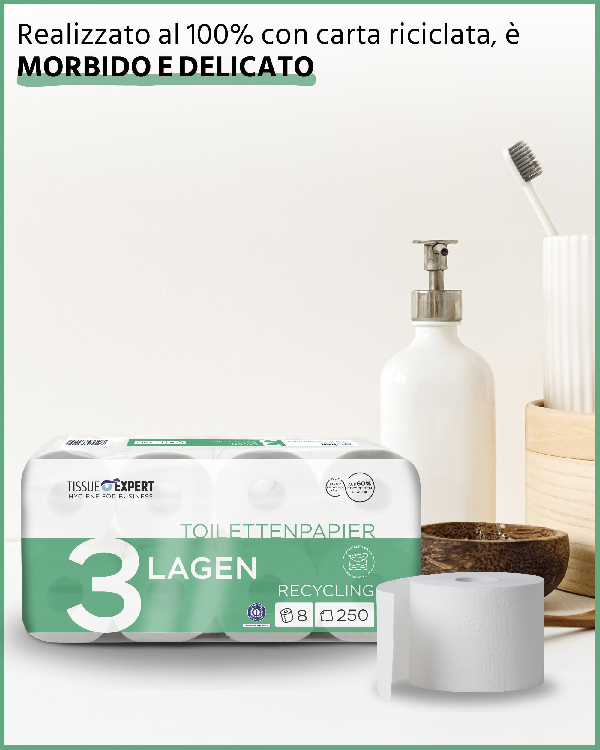 Carta igienica, 3 strati, 144 rotoli x 250 fogli, 100% riciclaggio, carta igienica super morbida, confezione grande per uso commerciale, carta igienica, ideale per molti consumatori