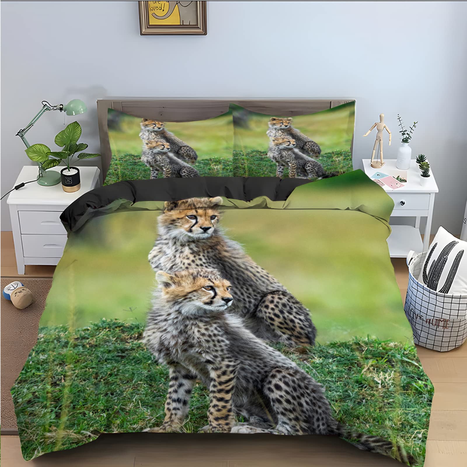 Pościel 135 x 200 cm, zielona Gepard, komplet pościeli z zamkiem błyskawicznym, poszewka na kołdrę dla dzieci, dziewczynek, miękka, oddychająca pościel z mikrofibry + 2 poszewki na poduszki 80 x 80 cm