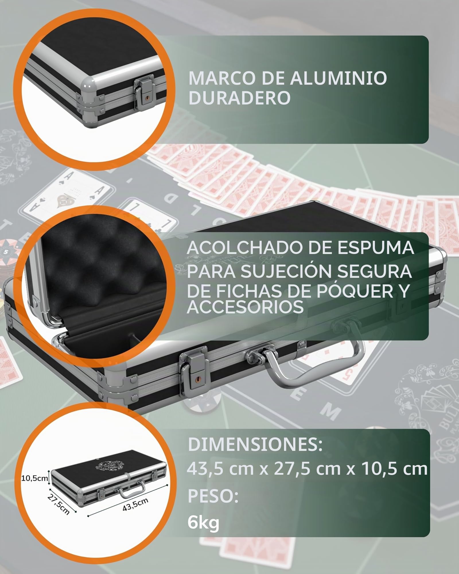 Bullets Playing Cards, Maletín de póquer Christopher, Juego de póquer con 300 fichas de póquer de plástico, Incluye botón de cerámica, Paquete Doble de Cartas de póquer