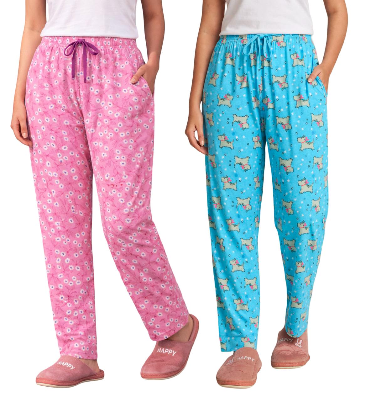 Women’s Printed Cotton Pyjama Pants Pack of 2 | Soft Comfortable Night Wear Pajama Bottoms for Women (PINK-BLUE, M)-image-41