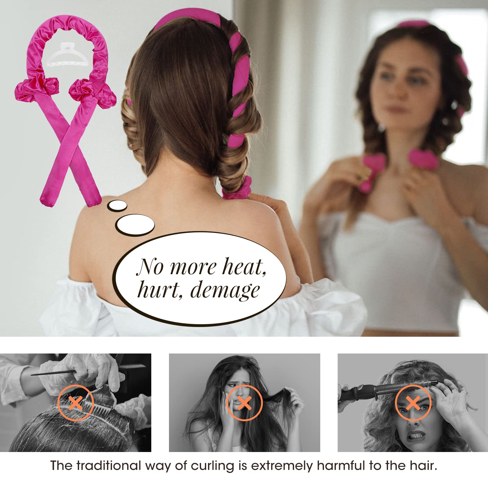 Heatless Hair Curler - IENIN Heatless Curling Rod Headband Hair Rollers for Long Hair Soft Silk Curl Ribbon with Hair Clips Scrunchies Hair Curlers to Sleep in Styling Tools(Rose Red) 2