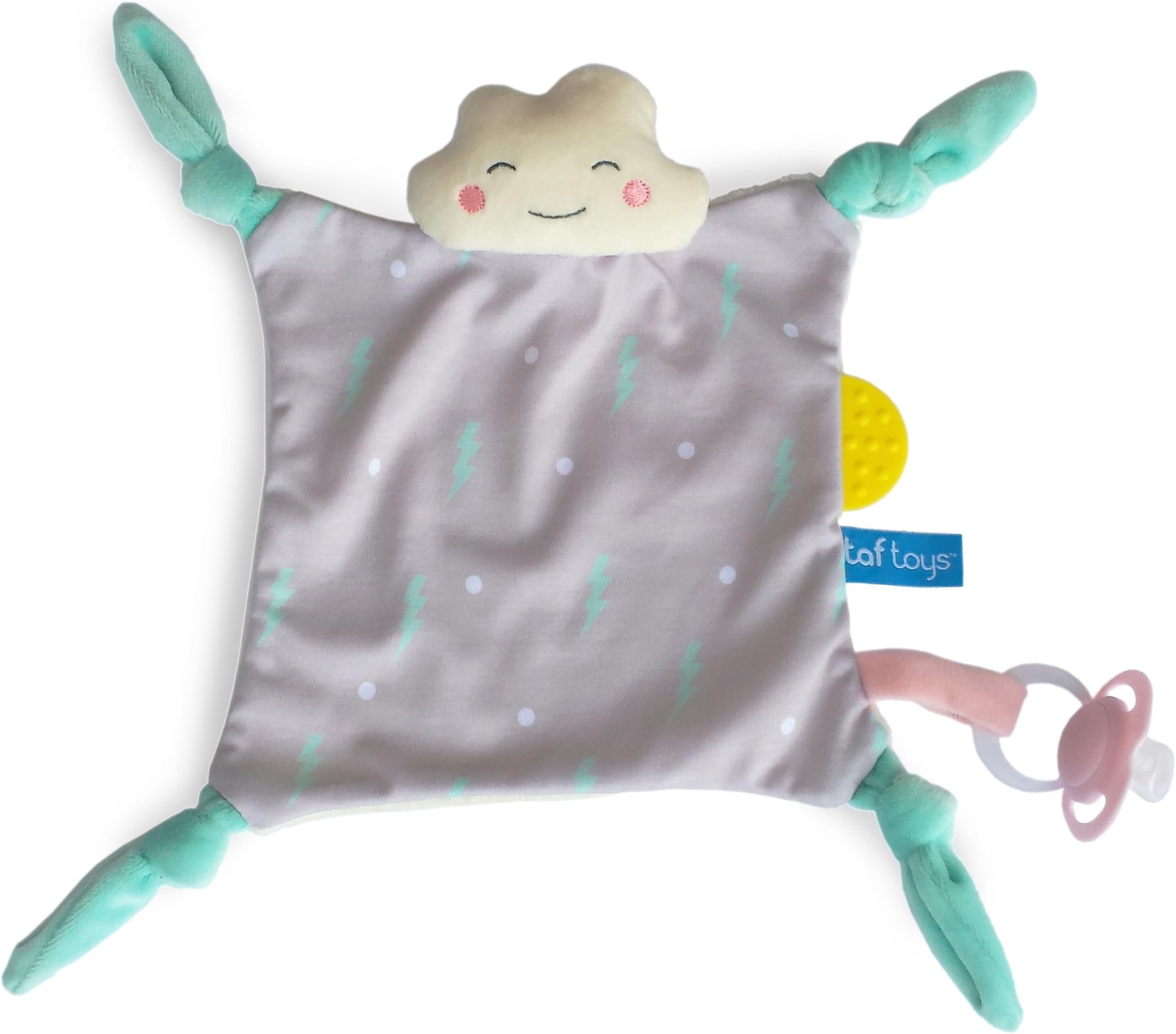 Taf Toys Cheerful Cloud Soft Blankie Comforter Toy with Teether & Soother Attachment Strap Security Blanket Machine Washable Gift for New Born Baby +