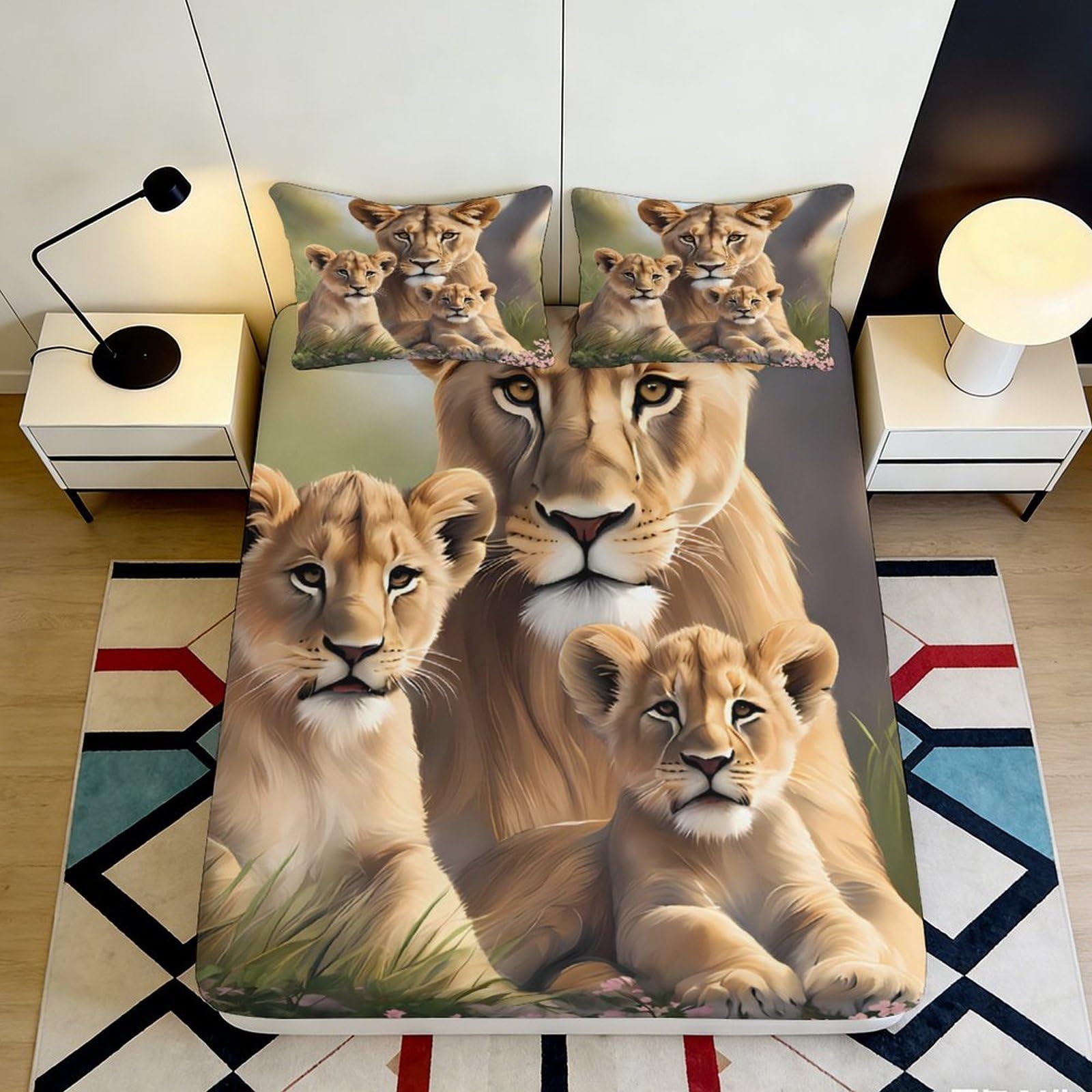 3D Printed Lion Family Fitted Sheet Microfiber Soft Breathable Cub Design Mattress Cover for Bedroom Dormitory Guest Room Protection Decoration 140x200x25cm