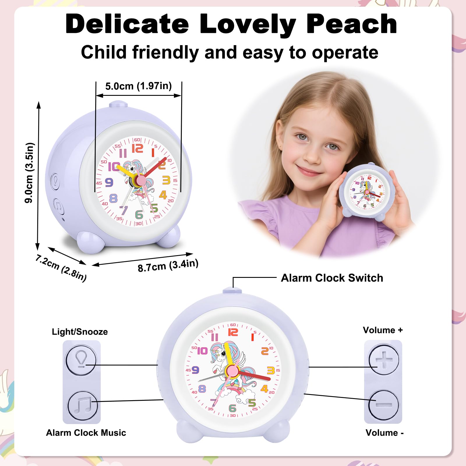 UOCAI Children's Alarm Clock Unicorn Alarm Clock For Girls, Non-Ticking Alarm Clock Children Girls, Quiet Bedside Alarm Clock, Classic Loud Double Bell Clock With Backlight (Pink