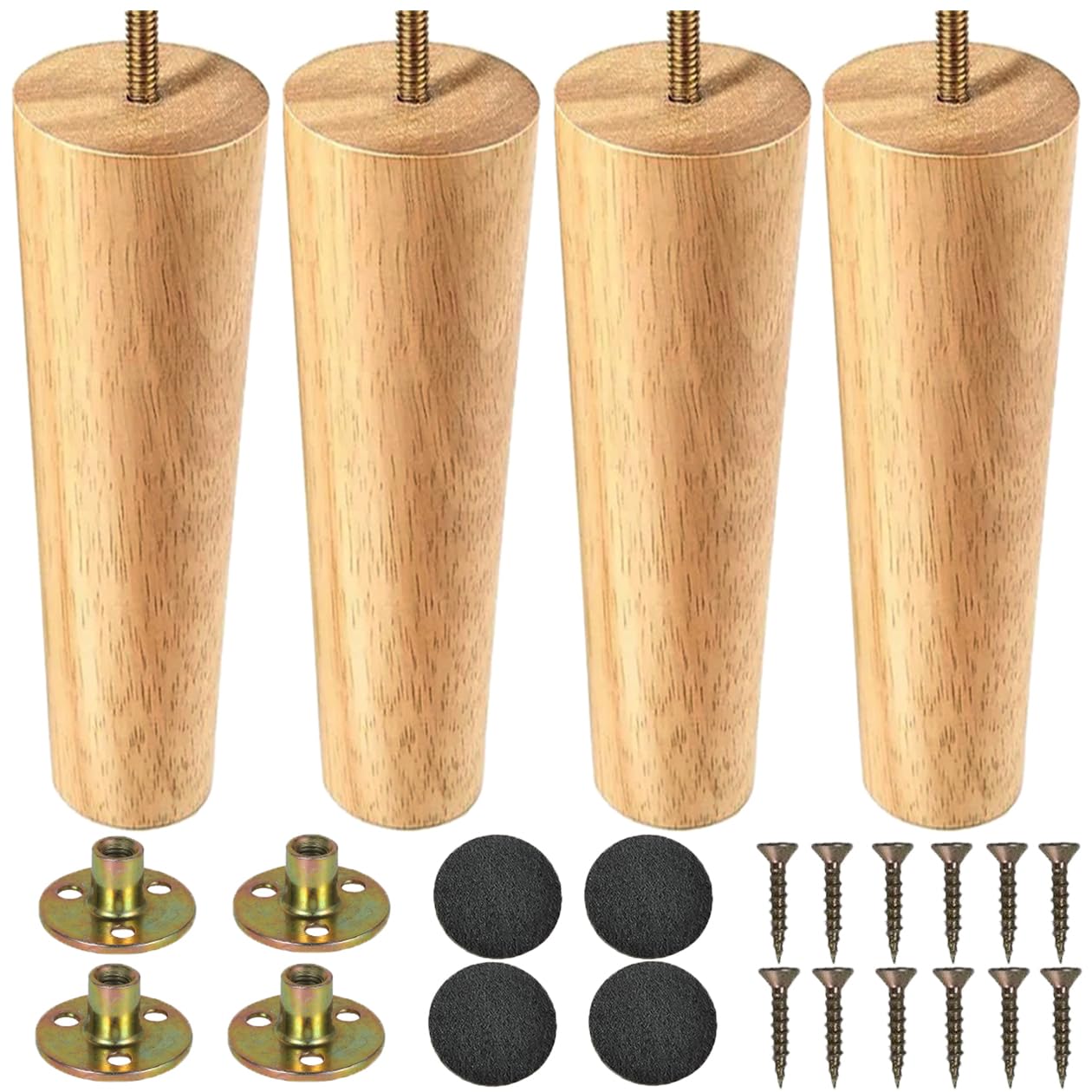 Pieds de meubles en Bois 20cm Pied de Table 4 Pièces Pieds de Table en Bois Conique Massif Pieds de Canapé Pieds de Meubles de Remplacement avec Vis de Plaque de Montage et Tapis Antidérapant