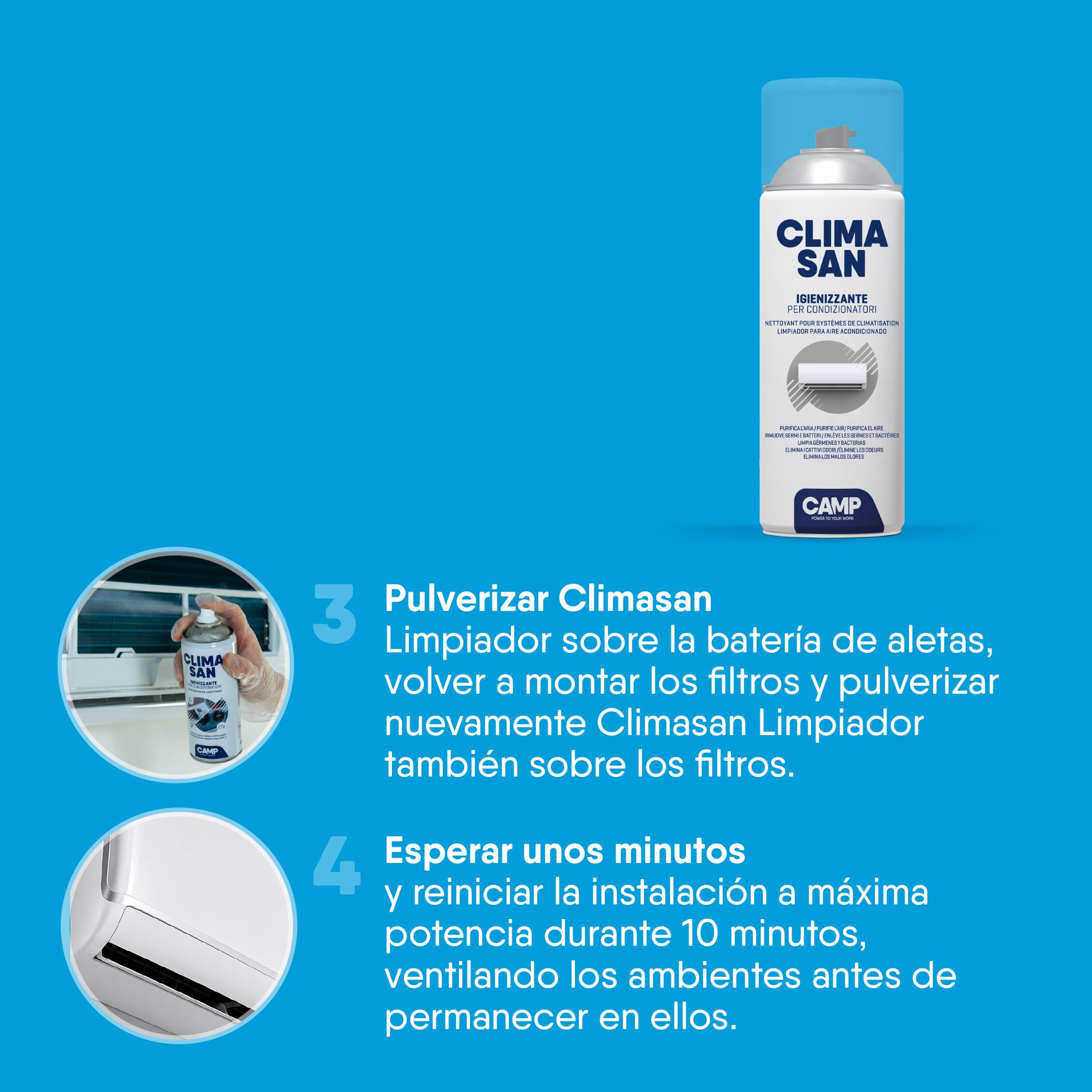 CAMP Climasan Limpiador – Limpiador Aire Acondicionado Casa, Spray para Climatizador Ideal para Remover Gérmenes y Bacterias, Limpieza Aire Acondicionado a Acción Purificadora, Made in Italy, 400 ml