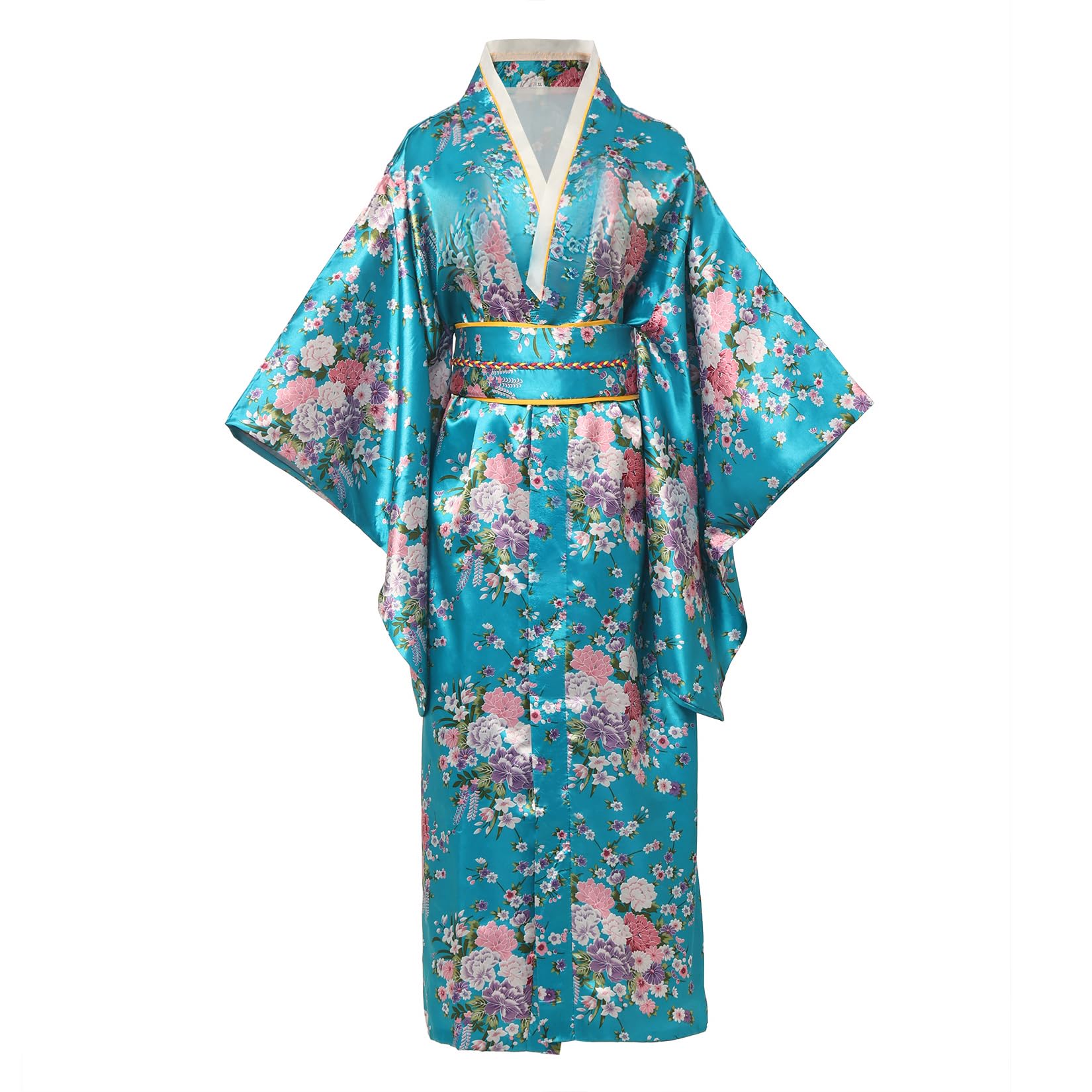BPURB Bata kimono tradicional japonesa para mujer, vestido de geisha yukata, bata de baño de satén con flores