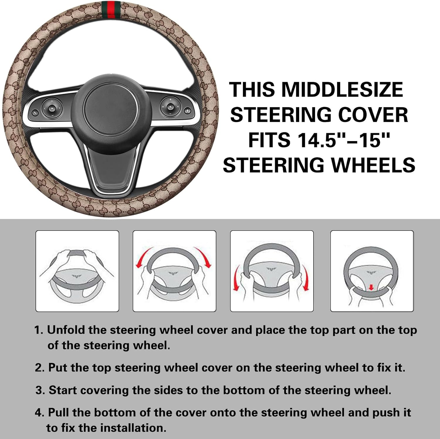 5PCS Steering Wheel Cover, with 2 Headrests, 2 Seat Belt Covers - Universal Fit for 14.5-15" Steering Wheel, Enhances Driving Experience - Perfect for Women (Beige)