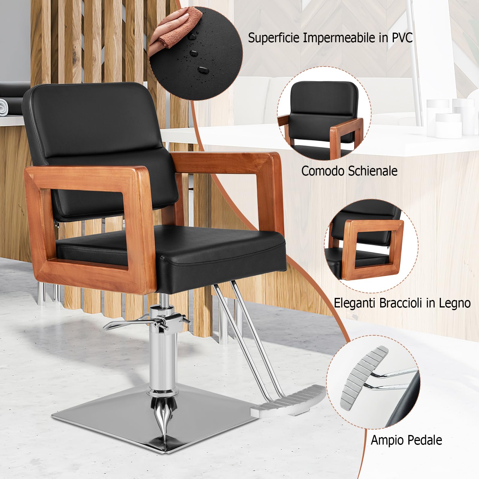 COSTWAY Poltrona da Barbiere, Sedia da Barbiere Girevole a 360°, Regolabile in Altezza 50-65 cm, con Braccioli in Legno Massello, Portata 250 kg