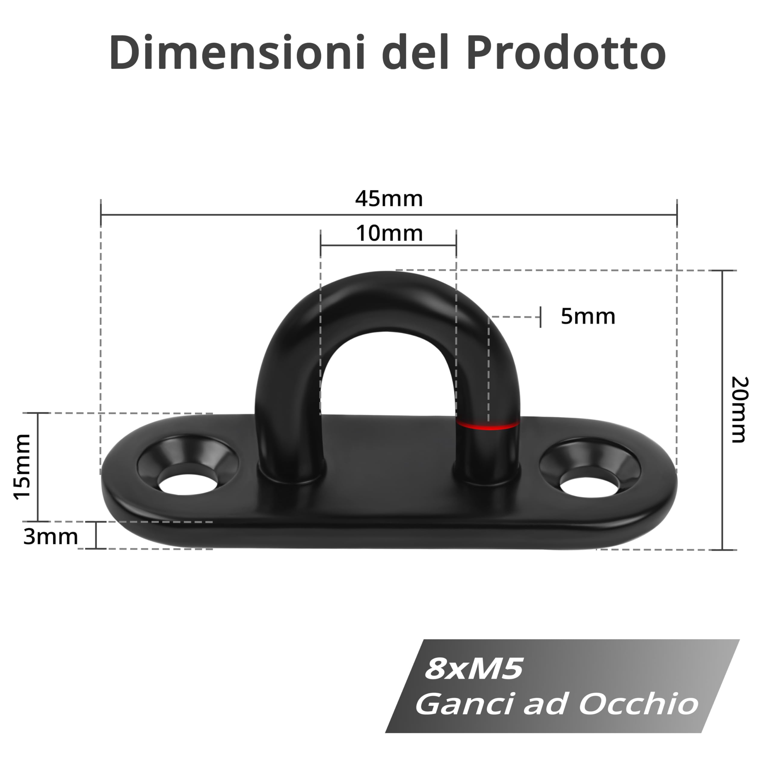Winter Shore Ganci Soffitto M5 ad Alta Resistenza (Set da 8) - Acciaio Inox 50 mm per Appendere Piante - Luci da Esterno - Gancio a Piastra, Neri