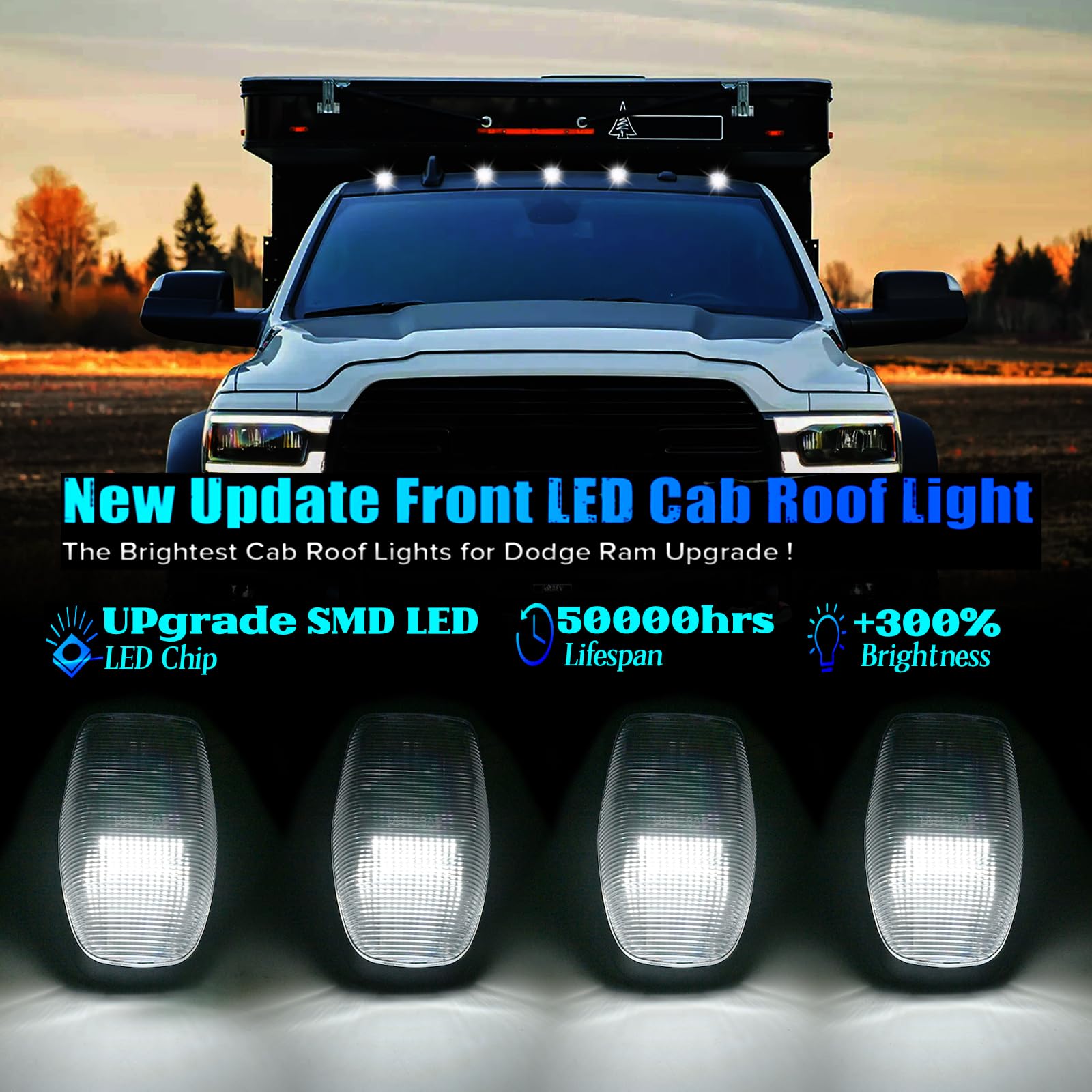 LUDARM LED Cab Roof Lights Compatible with 2019-2024 RAM 2500 3500 4500 5500 Pickup Truck Cab Clearance Light 5PCS White Light Smoke Lens